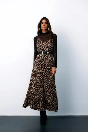 Askılı Leopar Desenli Elbise - Kahve