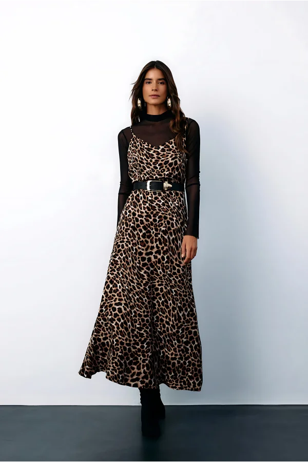 Askılı Leopar Desenli Elbise - Kahve