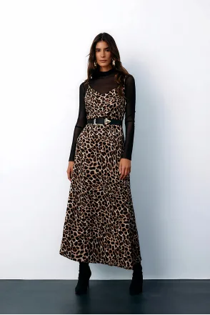 Askılı Leopar Desenli Elbise - Kahve