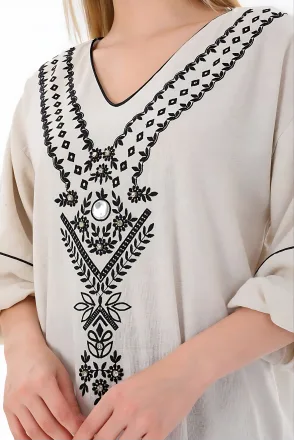 Balon Kol Nakışlı Kimono - Taş