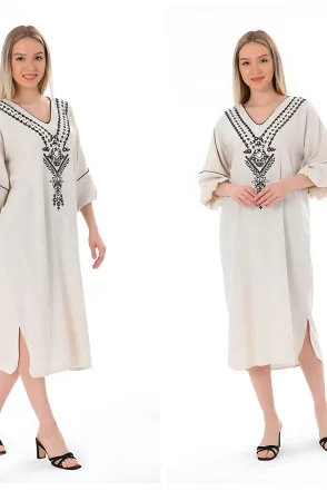 Balon Kol Nakışlı Kimono - Taş