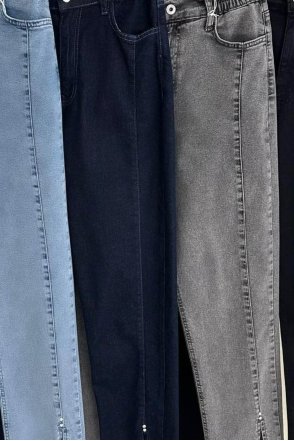 Belden Lastikli Paçada Taş Detaylı Denim Pantolon - Koyu