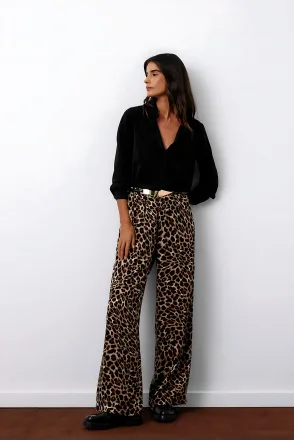 Beli Lastikli Leopar Desenli Pantolon - Kahve