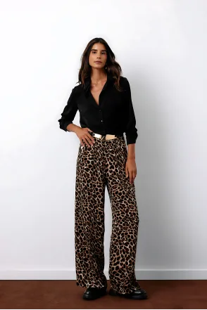Beli Lastikli Leopar Desenli Pantolon - Kahve