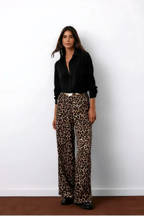 Beli Lastikli Leopar Desenli Pantolon - Kahve