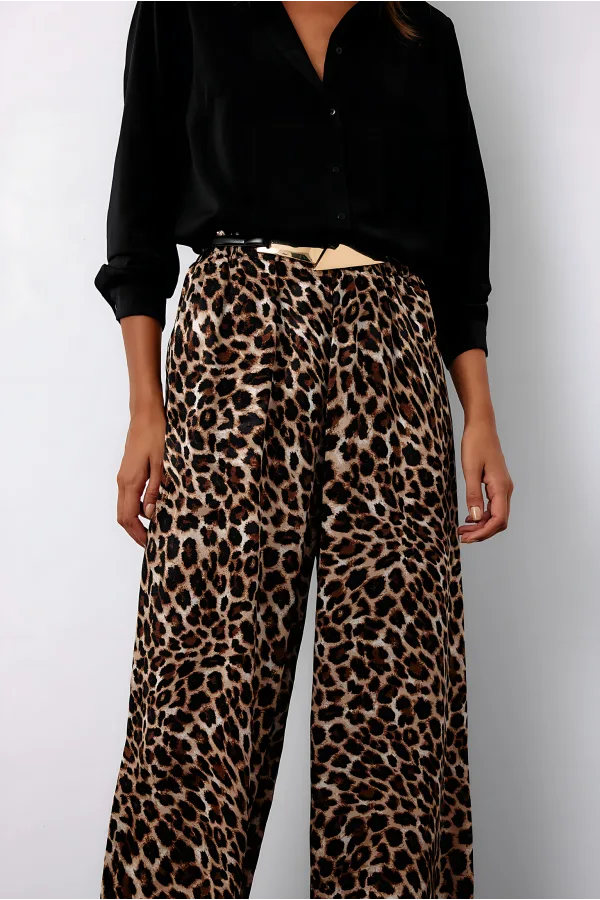 Beli Lastikli Leopar Desenli Pantolon - Kahve