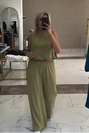 Bluzu Balon Dar Kemerli İkili Takım - Yağ Yeşili