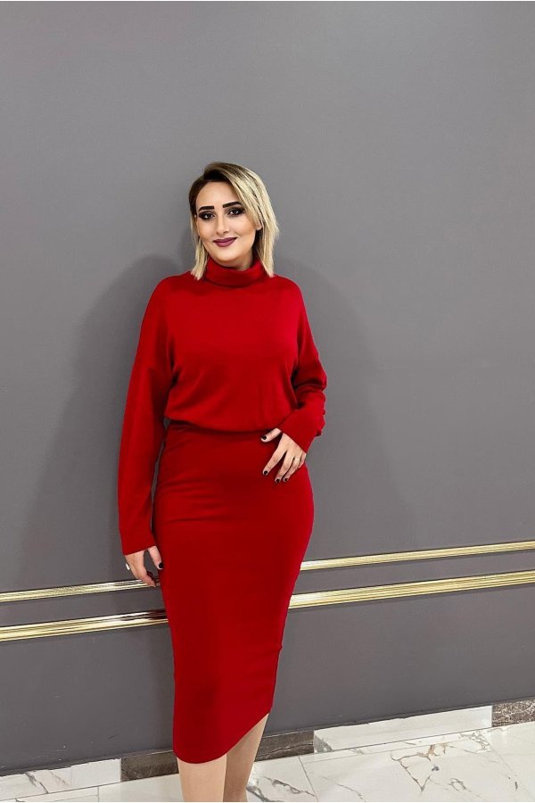 Boğazlı Triko Elbise - Kırmızı