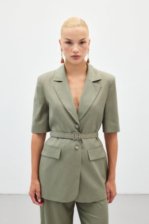 Bol Paça Pantolon ve Kısa Kollu Kemerli Ceket Takım - Haki