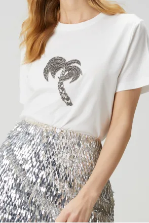 Bymn Palmiye Desenli Taşlı T-shirt - Kırık Beyaz