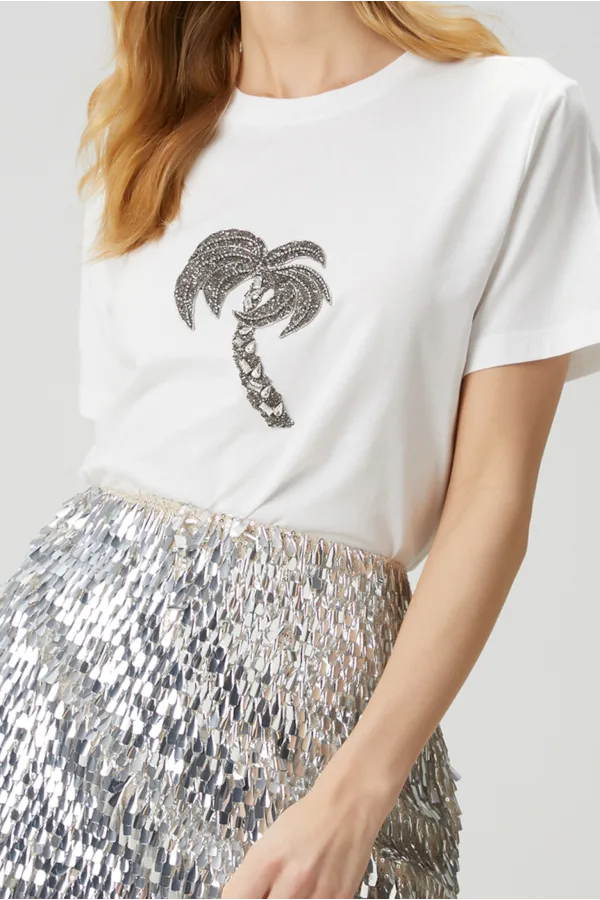 Bymn Palmiye Desenli Taşlı T-shirt - Kırık Beyaz