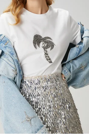 Bymn Palmiye Desenli Taşlı T-shirt - Kırık Beyaz