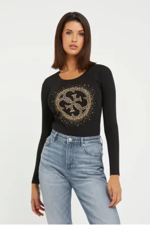 Guess 4G Logolu Uzun Kol Tee Black Bluz - Siyah
