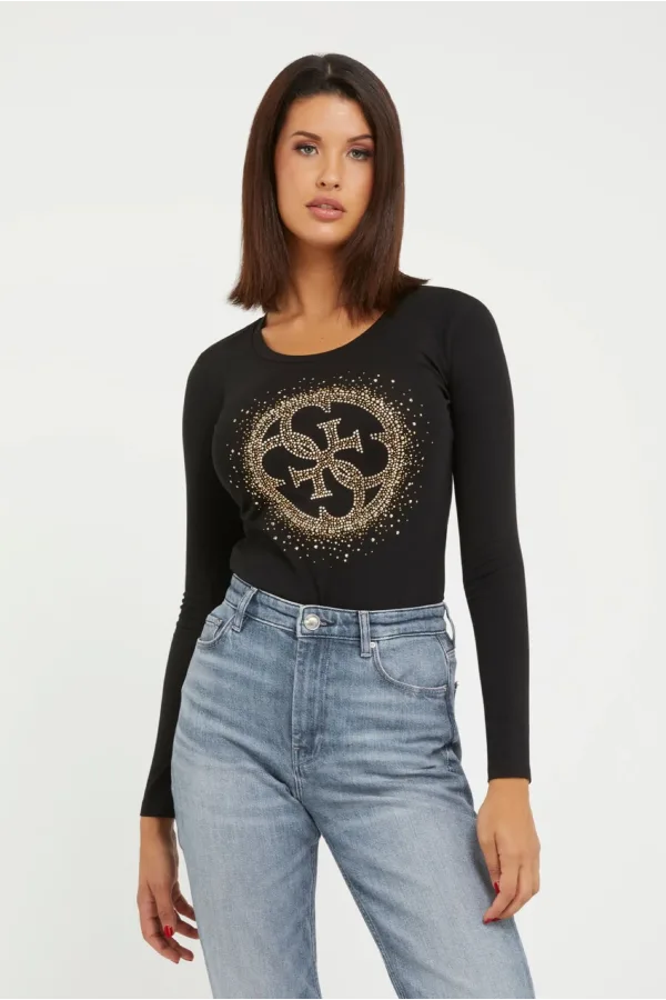 Guess 4G Logolu Uzun Kol Tee Black Bluz - Siyah