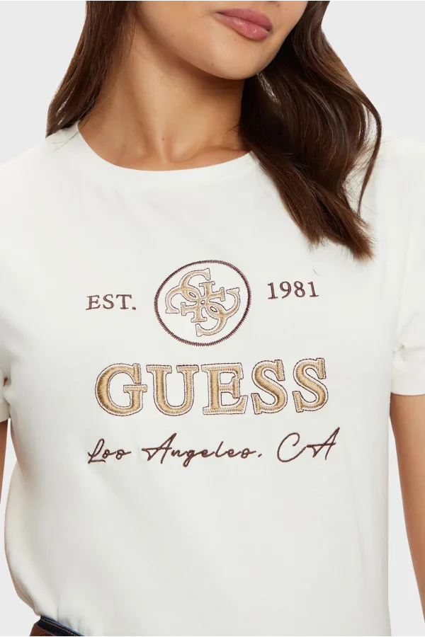 Guess 4G Ss Pamuklu Jarse Regular Fit Logolu Tshirt - Ekru