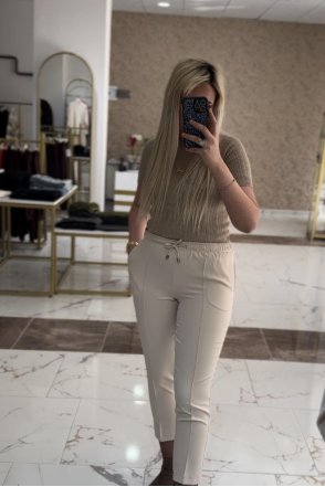Lastikli Kumaş Pantolon - Krem
