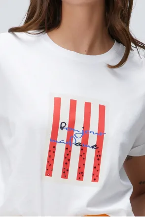 Ntwrk Kırmızı Baskılı Taşlı T-Shirt - Kırık Beyaz