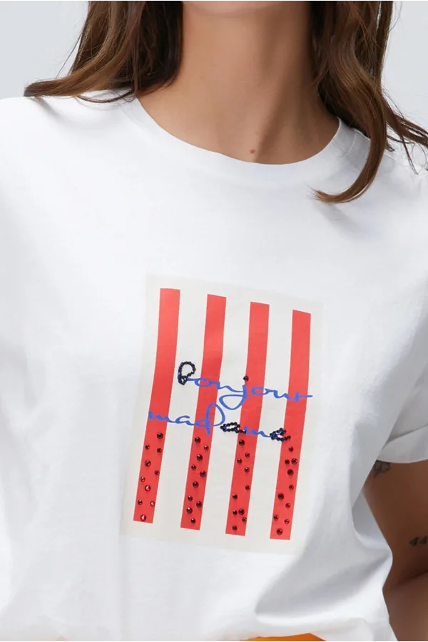 Ntwrk Kırmızı Baskılı Taşlı T-Shirt - Kırık Beyaz