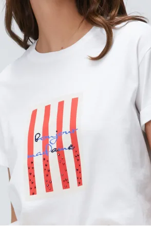 Ntwrk Kırmızı Baskılı Taşlı T-Shirt - Kırık Beyaz