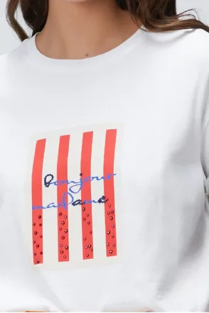 Ntwrk Kırmızı Baskılı Taşlı T-Shirt - Kırık Beyaz