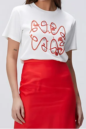 Ntwrk Kırmızı Taş İşlemeli T-Shirt - Kırık Beyaz