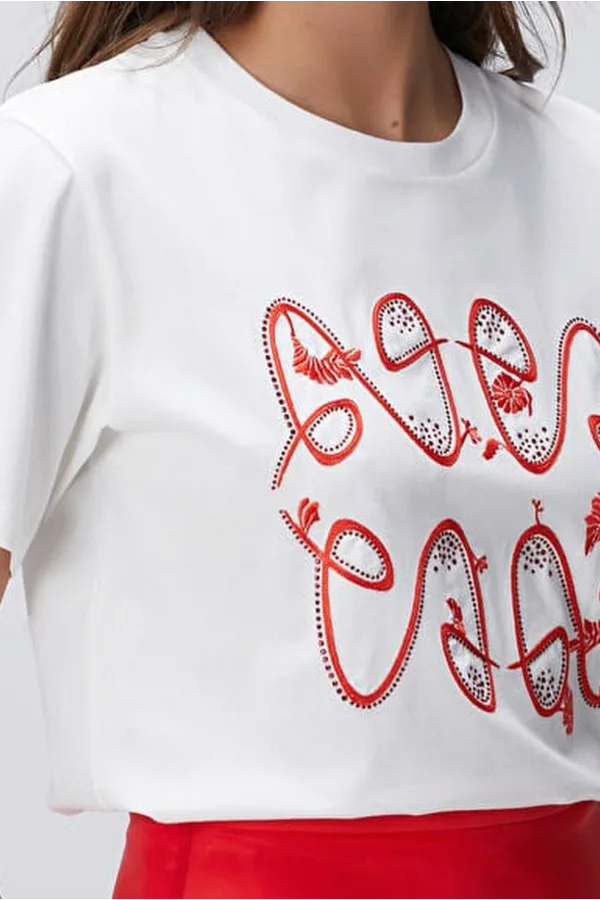 Ntwrk Kırmızı Taş İşlemeli T-Shirt - Kırık Beyaz