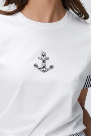 Ntwrk Lacivert Taş İşlemeli T-Shirt - Kırık Beyaz
