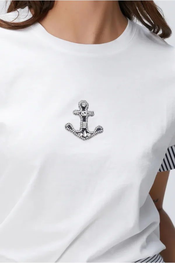 Ntwrk Lacivert Taş İşlemeli T-Shirt - Kırık Beyaz