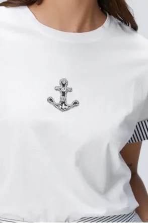 Ntwrk Lacivert Taş İşlemeli T-Shirt - Kırık Beyaz
