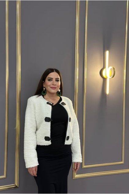 Önü İliklemeli Peluş Ceket Mont - Beyaz