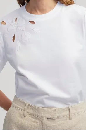 Orjinal Marka Nakışlı Cutout Tişört - Beyaz