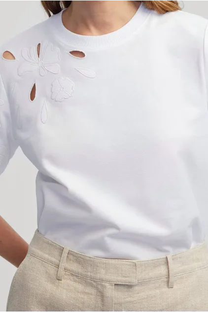 Orjinal Marka Nakışlı Cutout Tişört - Beyaz