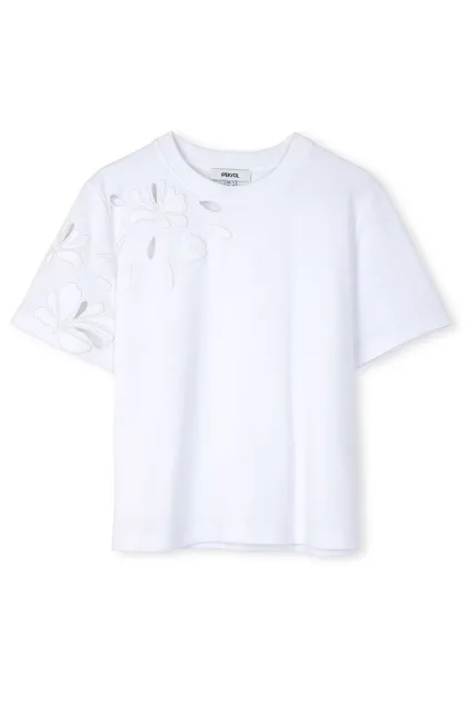 Orjinal Marka Nakışlı Cutout Tişört - Beyaz