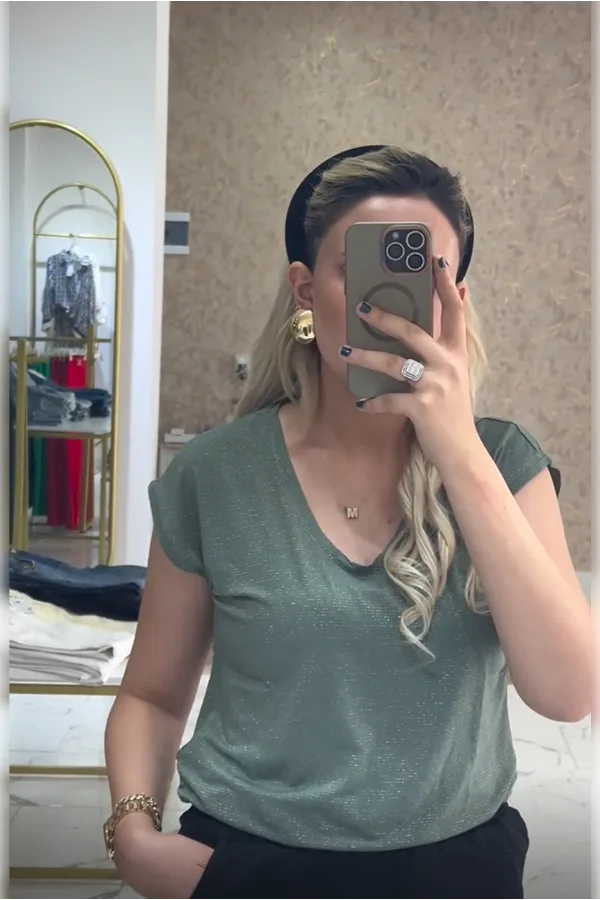 Simli Çizgili Basic T-Shirt - Haki