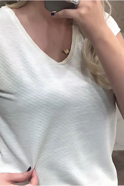 Simli Çizgili Basic T-Shirt - Krem