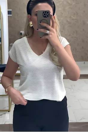 Simli Çizgili Basic T-Shirt - Krem