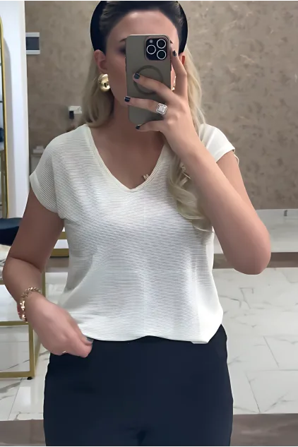 Simli Çizgili Basic T-Shirt - Krem