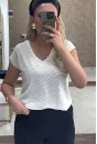 Simli Çizgili Basic T-Shirt - Krem