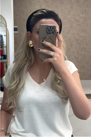 Simli Çizgili Basic T-Shirt - Krem
