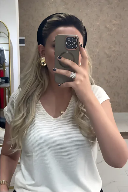 Simli Çizgili Basic T-Shirt - Krem