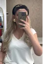 Simli Çizgili Basic T-Shirt - Krem
