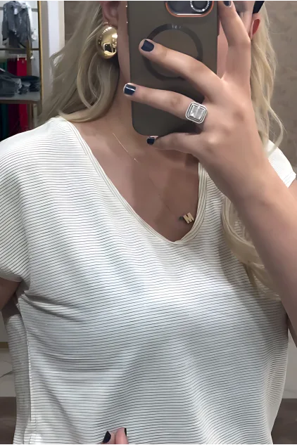 Simli Çizgili Basic T-Shirt - Krem
