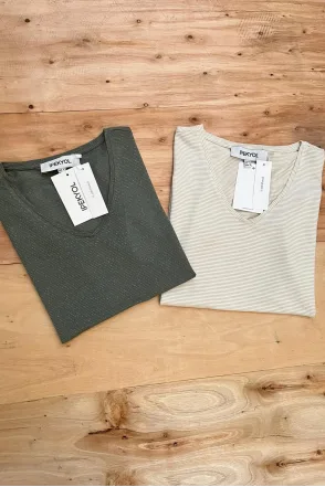 Simli Çizgili Basic T-Shirt - Haki