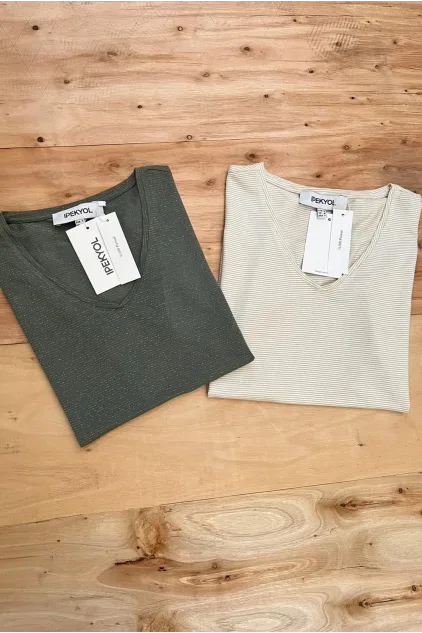 Simli Çizgili Basic T-Shirt - Haki