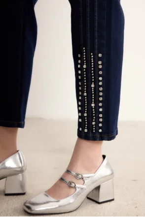 Taşlı Denim Pantolon - Lacivert