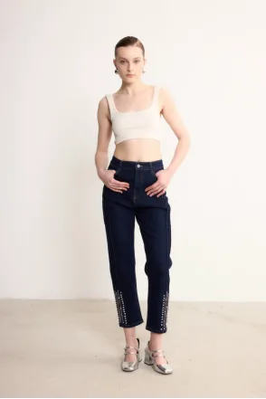 Taşlı Denim Pantolon - Lacivert
