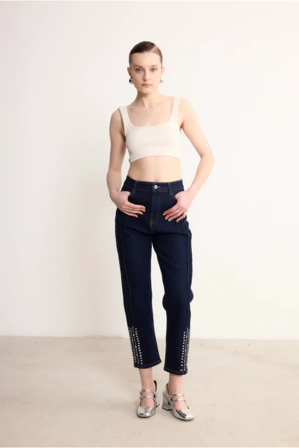 Taşlı Denim Pantolon - Lacivert