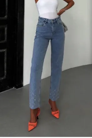 Taşlı Mom Fit Kot Pantolon - Açık Mavi