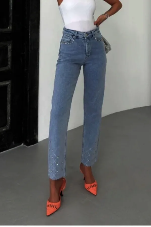 Taşlı Mom Fit Kot Pantolon - Açık Mavi