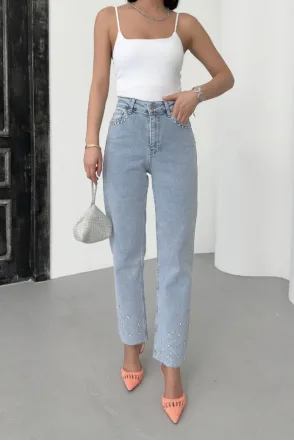 Taşlı Mom Fit Kot Pantolon - Açık Mavi